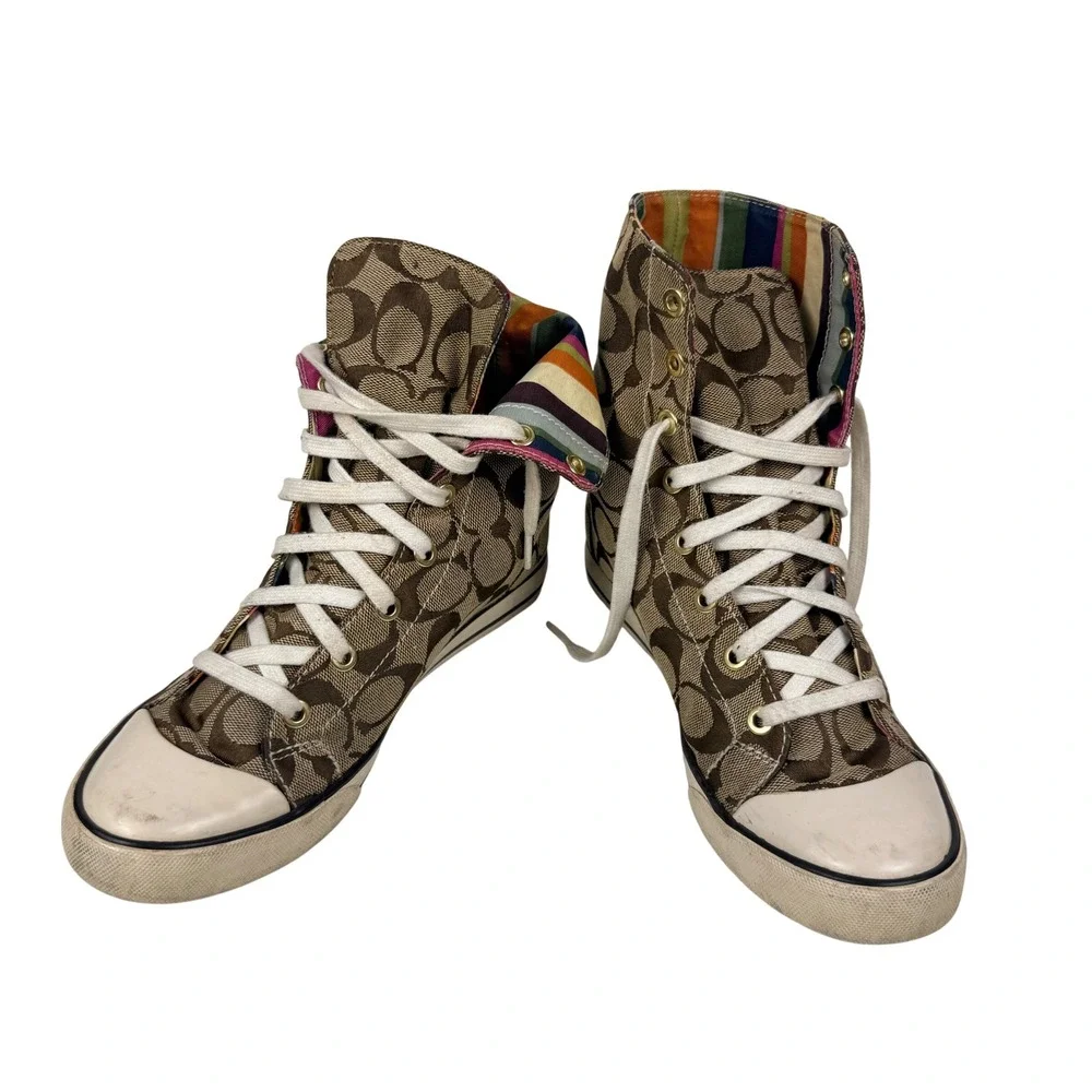 Y2K Coach Bonny Signature Monogram Khaki Brown High Top Sneakers Size 7.5B